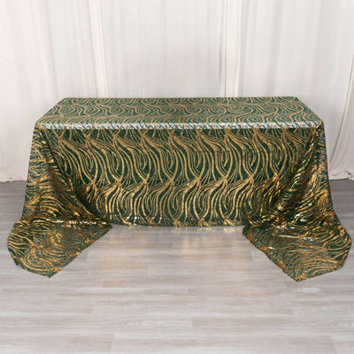Mesh Rectangle Tablecloth 90"x156" Hunter Emerald Green Gold - Wave Embroidered Sequin Table Cover