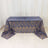 Blue and gold patterned tablecloth on a table.