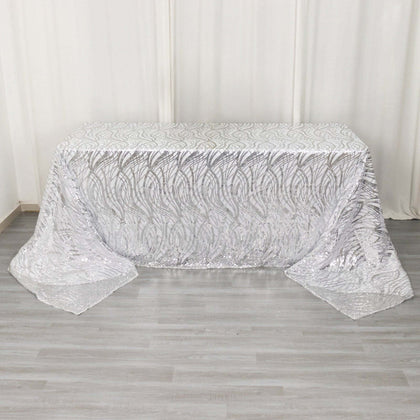 Mesh Rectangle Tablecloth 90"x156" Silver - Wave Embroidered Sequin Table Cover