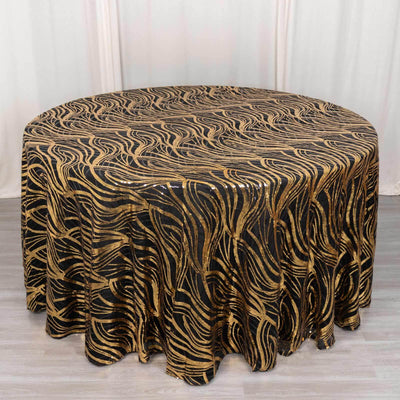 Mesh Round Tablecloth 120" Black Gold - Wave Embroidered Sequin Table Cover