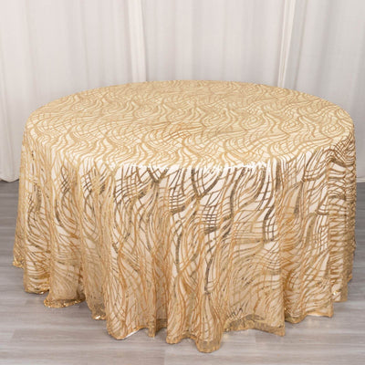 Mesh Round Tablecloth 120" Champagne - Wave Embroidered Sequin Table Cover