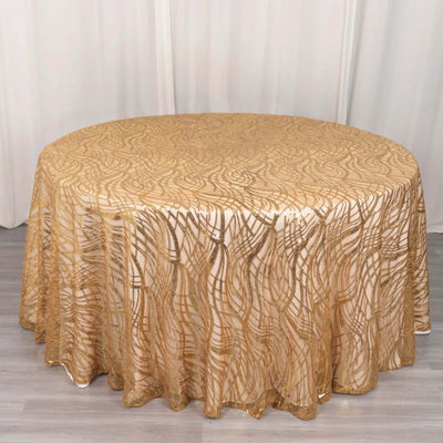 Mesh Round Tablecloth 120" Gold with Wave Embroidered Sequin Design - Seamless Glamorous Decor for Weddings