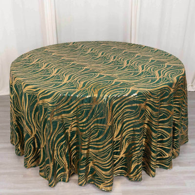 Mesh Round Tablecloth 120" Hunter Emerald Green Gold - Wave Embroidered Sequin Table Cover