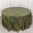 Green and gold wavy patterned tablecloth on a round table.