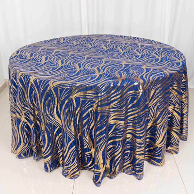 Mesh Round Tablecloth 120" Royal Blue Gold - Wave Embroidered Sequin Table Cover