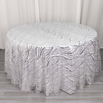 Mesh Round Tablecloth 120" Silver - Wave Embroidered Sequin Table Cover
