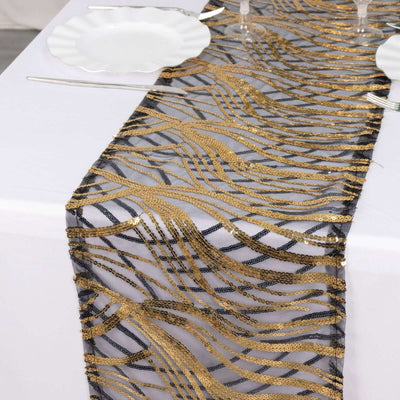 Mesh Table Runner 12"x108" Black/Gold - Wave Embroidered Sequin Table Decor