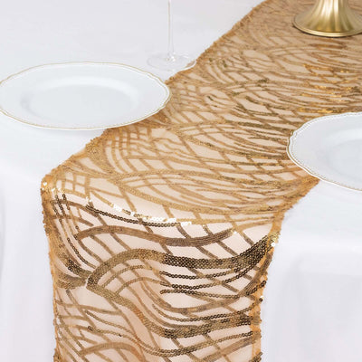 Mesh Table Runner 12"x108" Gold with Wave Embroidered Sequin Design - Perfect for Weddings and Luxe Events