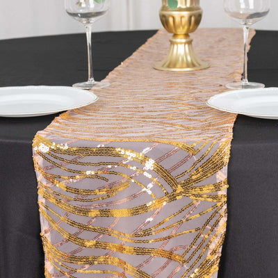 Mesh Table Runner 12"x108" Rose Gold/Gold - Wave Embroidered Sequin Table Decor