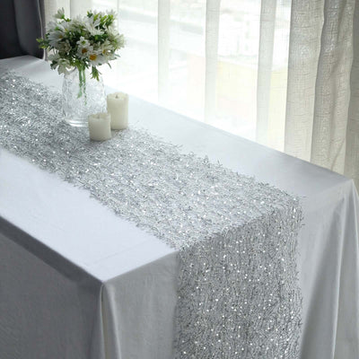 Mesh Table Runner 12"x108" Silver with Sequin Schiffli Lace Design - Disposable Table Decor