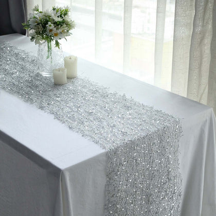 Mesh Table Runner 12"x108" Silver with Sequin Schiffli Lace Design - Disposable Table Decor