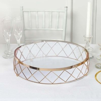 Metal Cake Stand 16" Geometric Diamond Cut Design Gold with Glass Top - Dessert Display Riser for Parties
