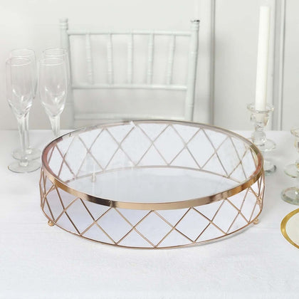 Metal Cake Stand 16" Geometric Diamond Cut Design Gold with Glass Top - Dessert Display Riser for Parties