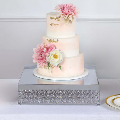 Metal Cake Stand 16" Square Design with Crystal Beads Silver - Dessert Pedestal for Events