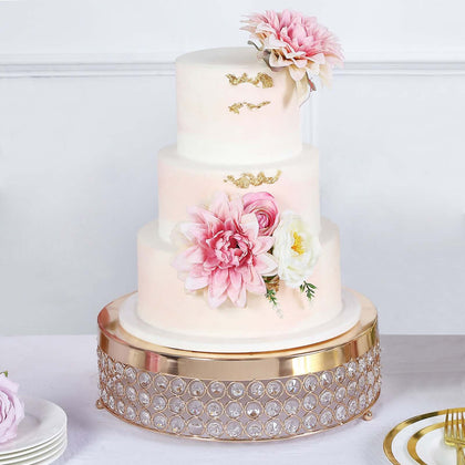 Metal Cake Stand Pedestal 14" Crystal Beaded Design Gold - Cupcake Display and Dessert Riser