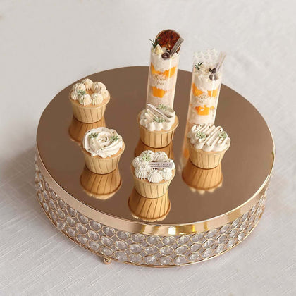 Metal Cake Stand Pedestal 16" Crystal Beaded Design Gold - Cupcake Display and Dessert Riser