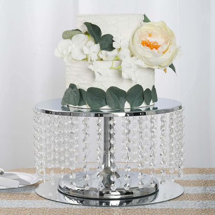Metal Cake Stand Round Design 14" Dia Metallic Silver with Crystal Chains 8" Tall - Cupcake Dessert Pedestal