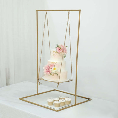Metal Cake Swing Stand with Jute Rope 3ft Gold - Modern Hanging Dessert Display Centerpiece for Weddings Bridal Showers & Birthdays