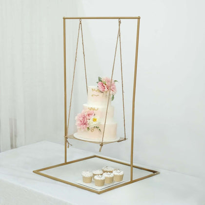 Metal Cake Swing Stand with Jute Rope 3ft Gold - Modern Hanging Dessert Display Centerpiece for Weddings Bridal Showers & Birthdays