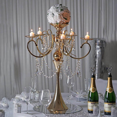 Metal Candelabra 27" 5 Arm Design Gold with Hanging Crystal Drops - Table Centerpiece for Events