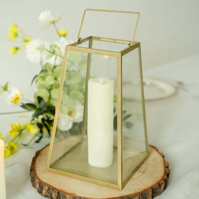 Metal Candle Lantern 10" Trapezoid Geometric Design Gold - Hanging Terrarium Table Centerpiece for Indoor/Outdoor
