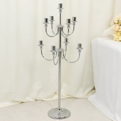 Metal Floor Candelabra Candle Holder 46" Tall - 9-Arm Silver Vintage Taper Candlestick Stand Table Centerpiece for Weddings & Parties