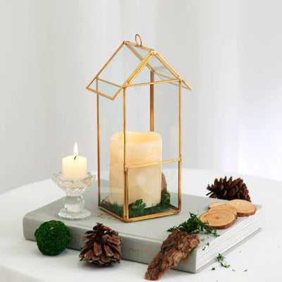 Metal Glass Terrarium 11" House Lantern Design Hanging Gold - Multipurpose Holder for Air Plants & Decor
