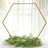 Hexagon frame with greenery, candles, and glasses on a table setting.