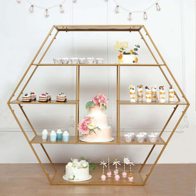 Metal Hexagonal Cake Dessert Display Stand 4ft Gold - Sturdy Large Geometric Rack Perfect for Event Backdrops Balloon Garlands Floral Installations