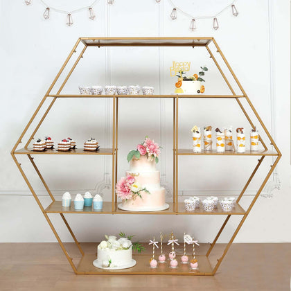 Metal Hexagonal Cake Dessert Display Stand 4ft Gold - Sturdy Large Geometric Rack Perfect for Event Backdrops Balloon Garlands Floral Installations & Modern Bookcase