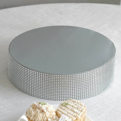 Metal Pedestal Cake Stand 12" Round Design with Rhinestones Silver - Cupcake Holder and Dessert Table Centerpiece