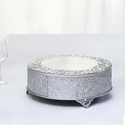 Metal Round Cake Pedestal Stand 14" Silver with Embossed Design - Matte Cupcake Display Riser Centerpiece Dessert Tray