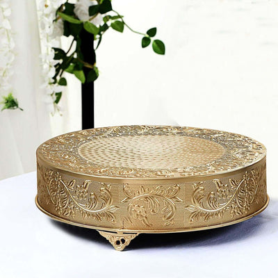 Metal Round Cake Pedestal Stand 18" Gold with Embossed Design - Decorative Matte Cupcake Display Riser Centerpiece Dessert Tray