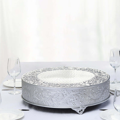 Metal Round Cake Pedestal Stand 18" Silver with Embossed Design - Matte Cupcake Display Riser Centerpiece Dessert Tray