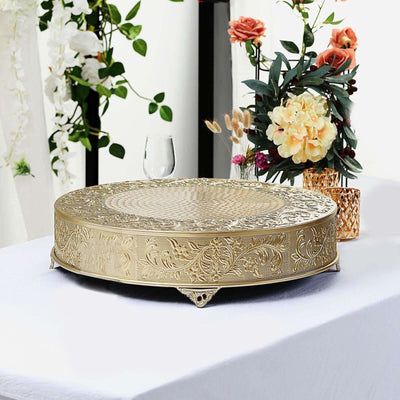 Metal Round Cake Pedestal Stand 22" Gold with Embossed Design - Decorative Matte Cupcake Display Riser Centerpiece Dessert Tray for Luxurious Event