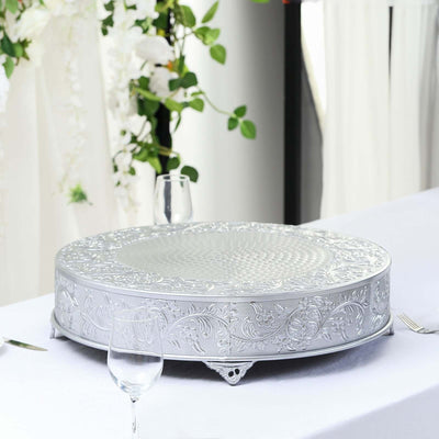 Metal Round Cake Pedestal Stand 22" Silver with Embossed Design - Matte Cupcake Display Riser Centerpiece Dessert Tray