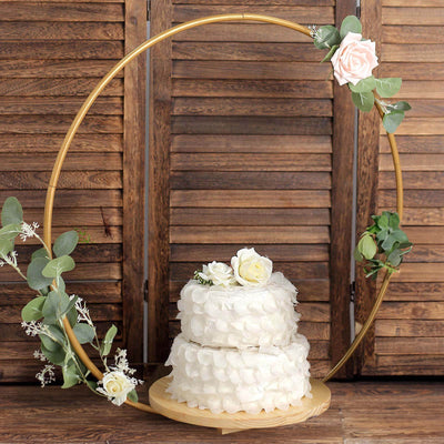 Metal Round Floral Hoop Cake Stand 33" Gold - Modern Geometric Dessert Display Centerpiece Stand With Wooden Base for Glamorous Events & Celebrations