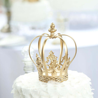 Metal Royal Crown Cake Topper 8" Gold with Fleur-De-Lis Sides - Reusable Cake Centerpiece Decoration for Lavish Events & Royal-Themed Celebrations