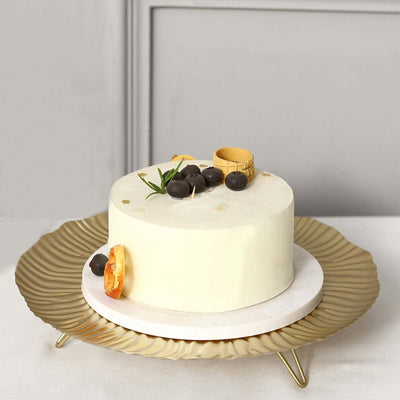 Metal Serving Tray 12" Round Gold Floral Pattern with Gold Wavy Rim - Pedestal Dessert Display with Hairpin Legs