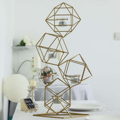 Metal Tealight Candle Holder 25" Linked Geometric Design with Votive Glass Holders Gold - Luxe Centerpieces for Weddings & Events