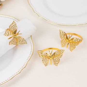 4 Pack Metallic Gold Laser Cut Butterfly Napkin Rings, Decorative Cloth Napkin Holders