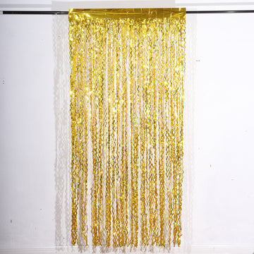 Metallic Gold Wavy Tinsel Streamer Party Backdrop, Curly Foil Fringe Photo Booth Curtain 3ftx6ft