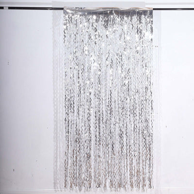 Metallic Silver Wavy Tinsel Streamer Party Backdrop, Curly Foil Fringe Photo Booth Curtain 3ftx6ft