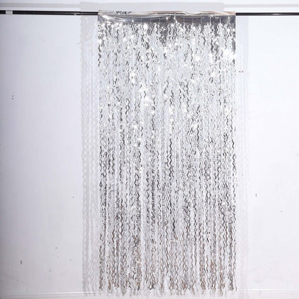 Metallic Silver Wavy Tinsel Streamer Party Backdrop, Curly Foil Fringe Photo Booth Curtain 3ftx6ft