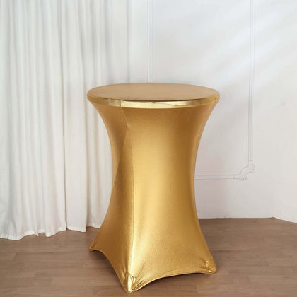 Metallic Spandex Fitted Round Cocktail Table Cover 30" Gold Highboy Tablecloth - Stretch Fit & Water-Resistant