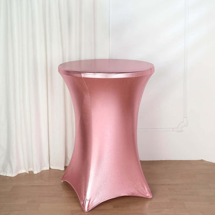 Metallic Spandex Fitted Round Cocktail Table Cover 30" Rose Gold Highboy Tablecloth - Stretch Fit & Water-Resistant