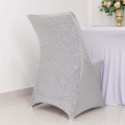 Stretch Spandex Folding Chair Cover Silver with Metallic Shimmer Tinsel Back Design - Durable Fitted Slipcover with Foot Pockets