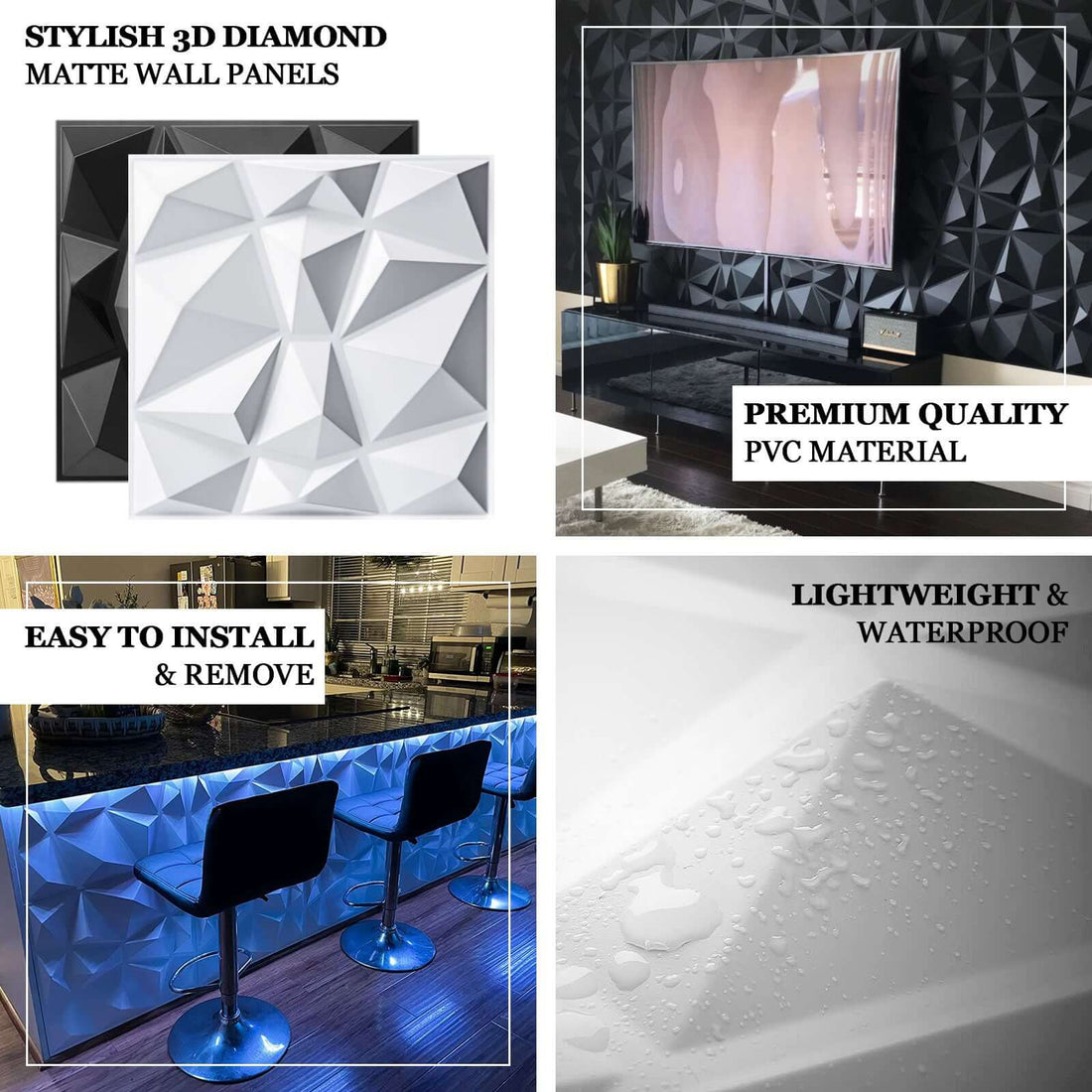 12-Pack Matte Black 3D Diamond Wall Panels | eFavormart