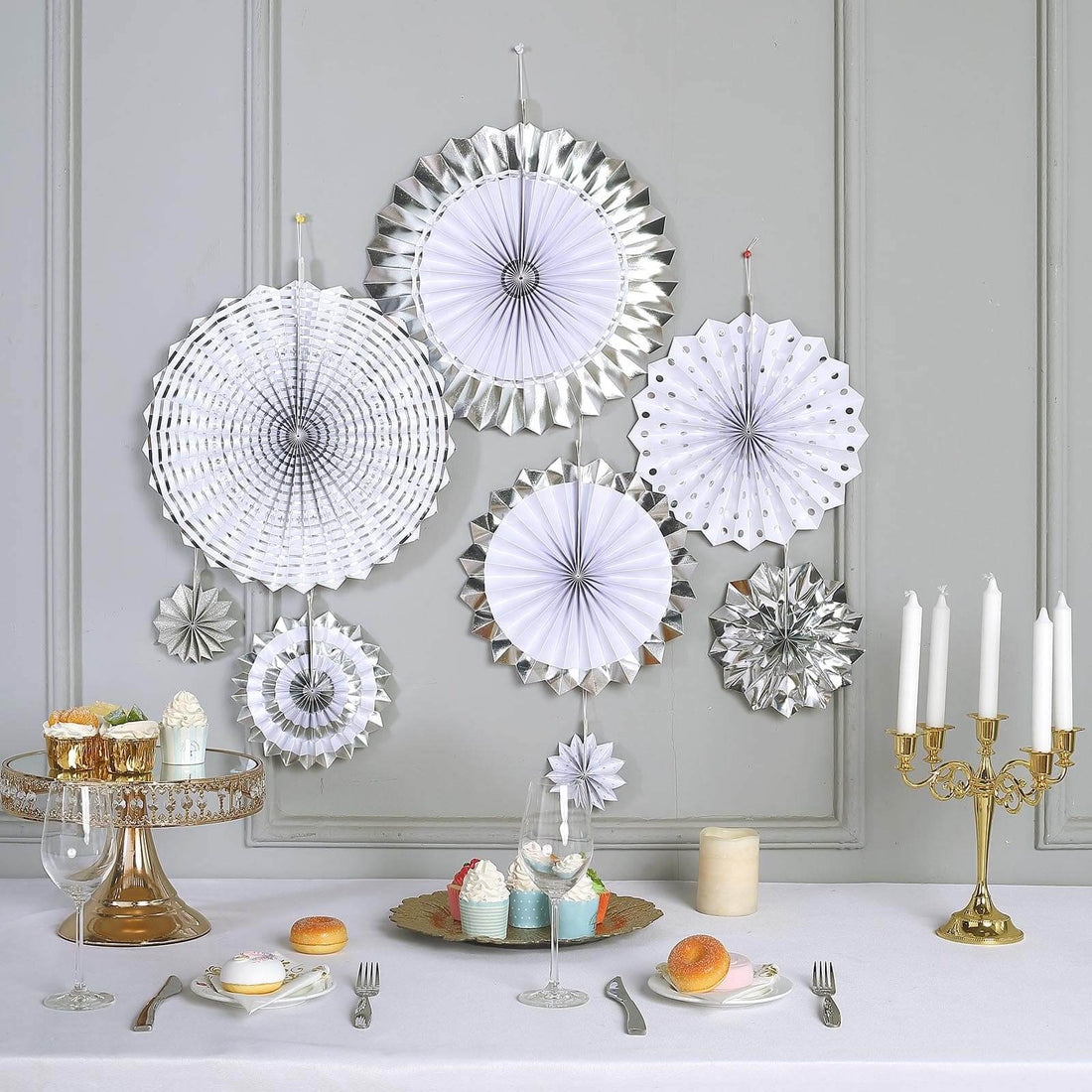 Silver & White Paper Fan Decorations Set of 8 | eFavormart