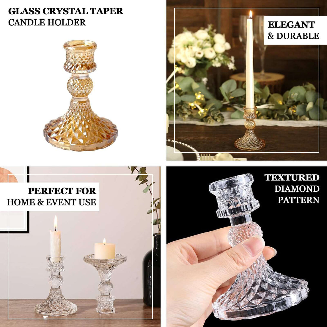 Diamond Textured Candlestick Holders Amber Gold 4